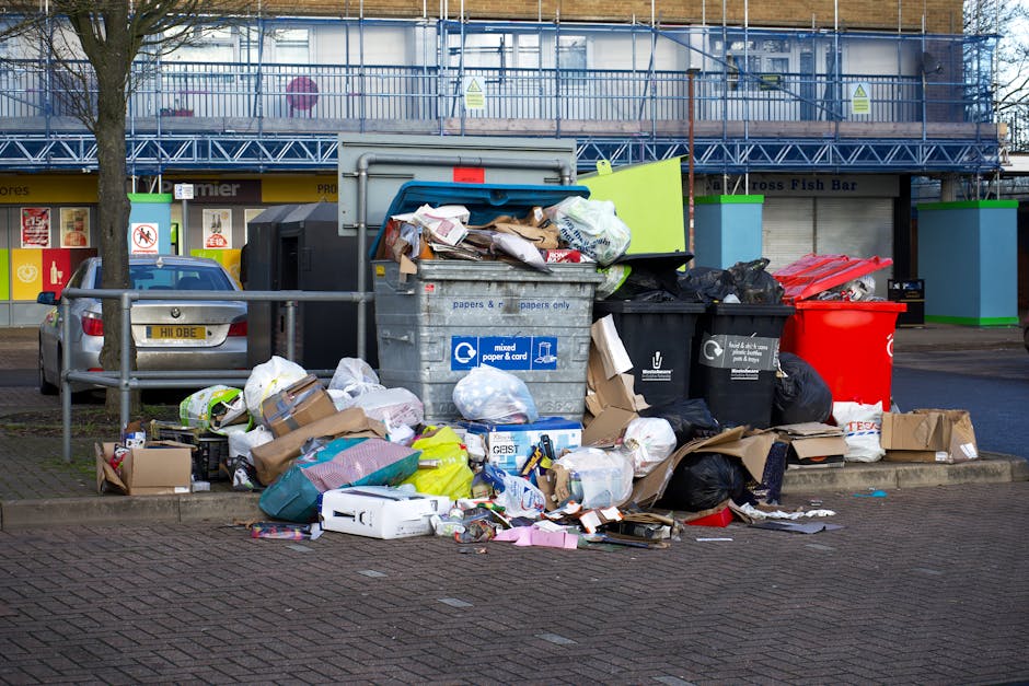 A cluttered collection of overflowing rubbish bins and scattered household waste occupies a section of a paved parking area in front of a commercial building. The waste includes various types of refuse such as black plastic garbage bags, flattened cardboard boxes, crumpled paper, and enclosed cartons. The grey and black bins are filled to capacity, with some waste spilling over and lying on the ground. The grey bin, designated for mixed paper and card, and other bins with black lids are visibly surrounded by loose rubbish, including packaging materials and discarded items. In the background, a parked silver hatchback car with a partially visible license plate is positioned behind a metal barrier. The building behind features a blue scaffolding structure with a façade that includes shopfront signage with icons indicating no smoking and other warnings. The scene is illuminated by natural daylight, with the environmental context suggesting this is an area where waste collection or disposal services might be needed, highlighting the importance of proper rubbish removal possibly handled by companies like Rubbish Removal Bromley for local waste clearance.